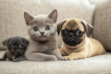 Adorable grey kitten and two pug puppies cuddling together on a soft beige couch showcasing their innocent charm and