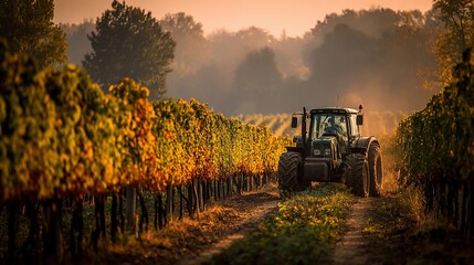 Tractor in vineyard at sunrise