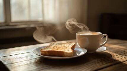Warm Breakfast Scene with Toast and Steaming Coffee Cup on Wooden Table