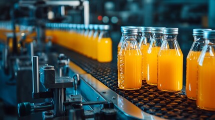 Fototapeta premium Bottling Plant Orange Juice Production Line Modern Factory Industrial Manufacturing Process Automated Conveyor Belt System High Quality Fresh Product Packaging Food Drink