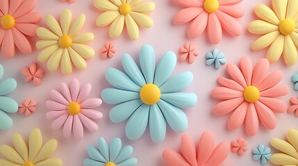 Fototapeta premium Fun and quirky 3D daisy flowers in squishy rubber style on a soft pastel background generative ai