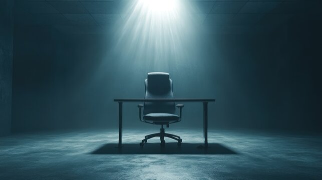 office chair and desk under spotlight in stark room representing isolation job interview pressure or the hot seat in a corporate setting