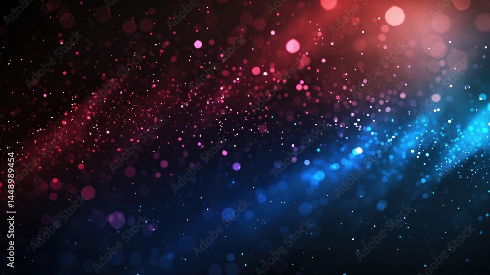 Poster swirling picture of red ray and blue light sparkling particles scattered across a space background, 