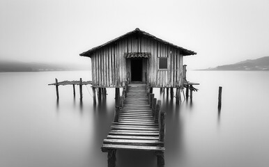 Monochrome serenity: weathered cabin on tranquil water, connected by rustic pier