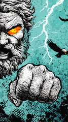 Powerful Zeus Illustration with Fiery Eyes, Striking Fist, Lightning, and Eagles on Vibrant Blue Splatter Background