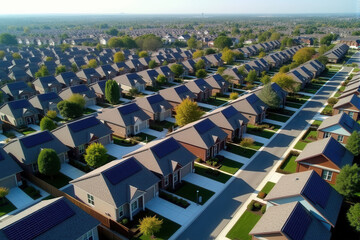 A bird's-eye view of a neighborhood with multiple houses, each featuring solar panels on their rooftops
