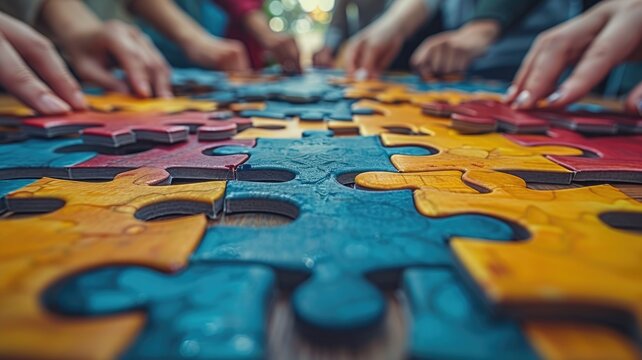 The picture of people together solving problem supporting team with fresh idea. Complex puzzle hard to be solved by human. Group of person find solution and strategy for mysterious jigsaw game. AIG53.