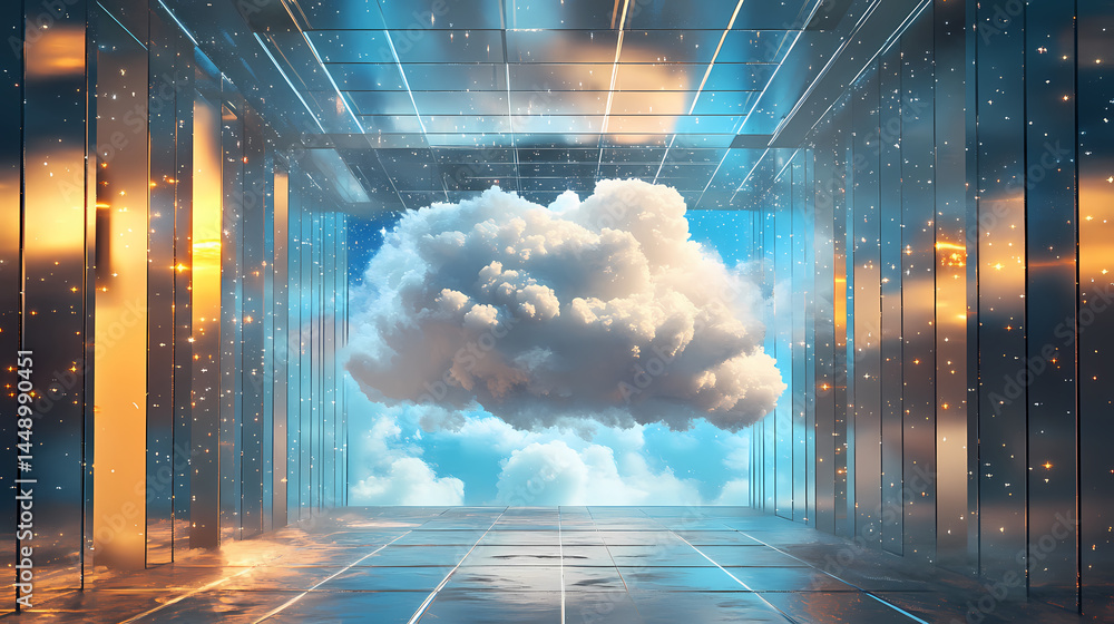 Wall mural surreal architecture with a giant cloud inside a metallic room. generative ai image. [dream architec