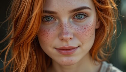 Naklejka premium Smiling Woman Portrait with Freckles and Red Hair Looking at Camera