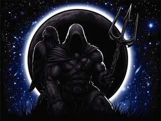Dark Hooded Warrior with Trident and Raven Silhouette in Outer Space, Solar Eclipse Night Fantasy Artwork, Mysterious Epic Scene