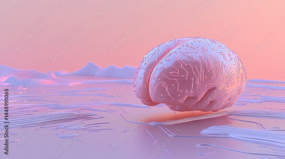 Aufkleber futuristic brain with circuit patterns surrounded by a soft gradient landscape