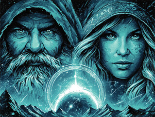 Mystical Wizard and Sorceress Portrait in Blue Hooded Cloaks with Magic Orb Over Cosmic Mountain Landscape – Fantasy Digital Art