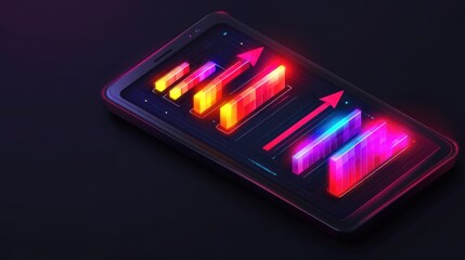 Mobile phone displays vibrant, glowing bar graphs indicating growth.  Data visualizations show upward trends, presented with bright, neon colors on a dark background