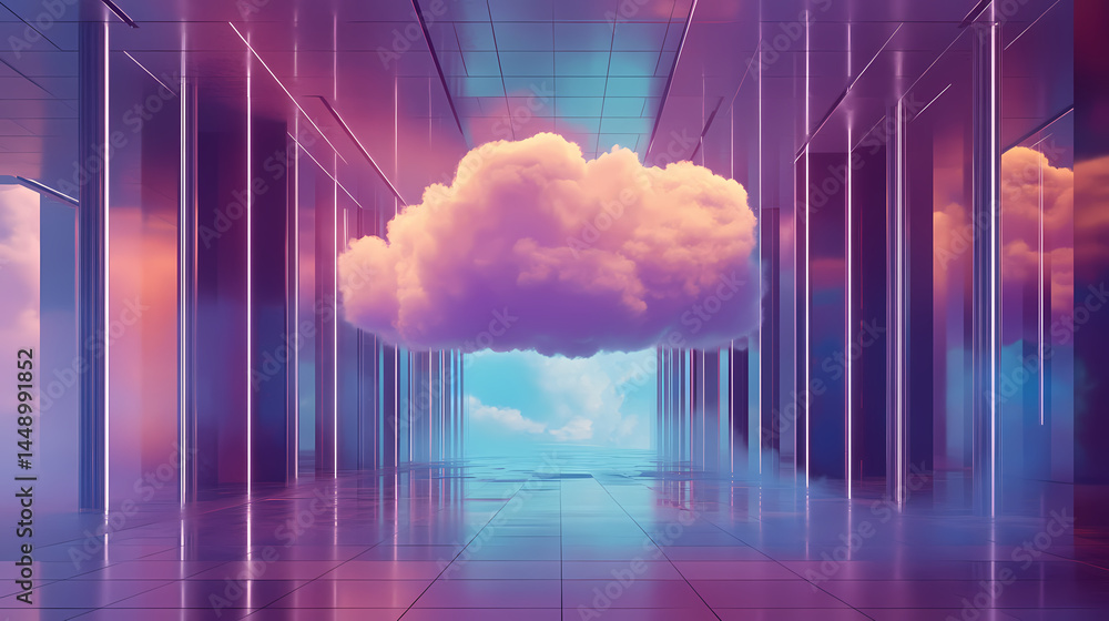 Wall mural surreal architecture with a giant cloud inside a metallic room. generative ai image. [dream architec