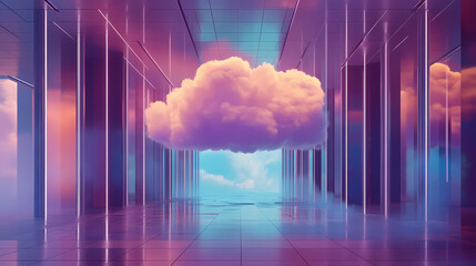 Surreal architecture with a giant cloud inside a metallic room. generative ai image. [Dream Architectures] | Drifting Pillars | weightless columns. Illustration