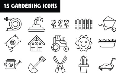 set of gardening and agriculture glyph icons, plants and equipments symbols