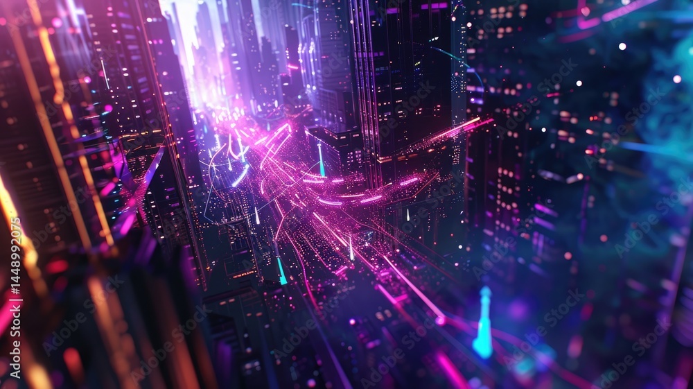 Poster abstract of digital shape or line and technological cyber style particle design connect in surreal e