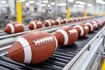 New American footballs on a conveyor belt, in a sporting goods factory, ready for shipping.