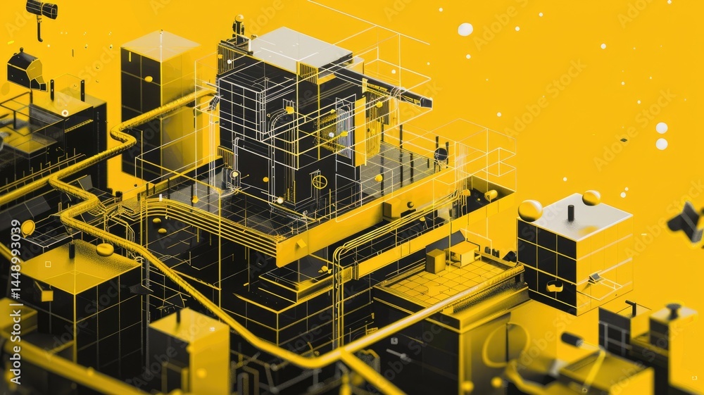 Poster explore a vibrant and modern microservice architecture diagram featuring a bold yellow backdrop. thi