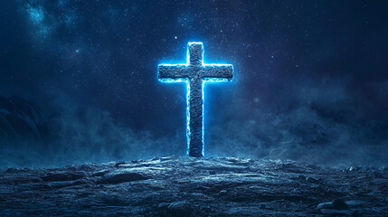 Fototapeta premium A glowing blue cross stands on rocky ground beneath a starry night sky, creating a mystical and spiritual atmosphere.