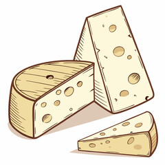 Three Pieces Of Cheese Illustration With Outline On A White Background