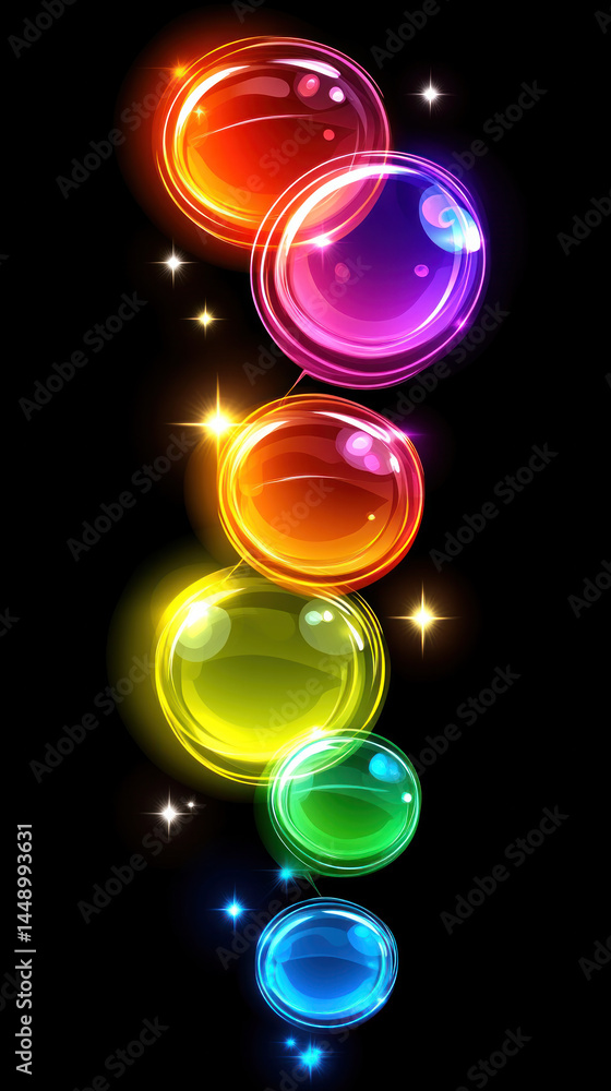 Poster a series of colorful spheres are lit up and appear to be floating in the air. the spheres are of dif