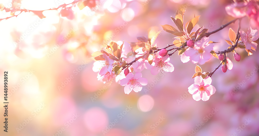 Poster blurred spring background with beautiful blossoming tree branches and sun rays.