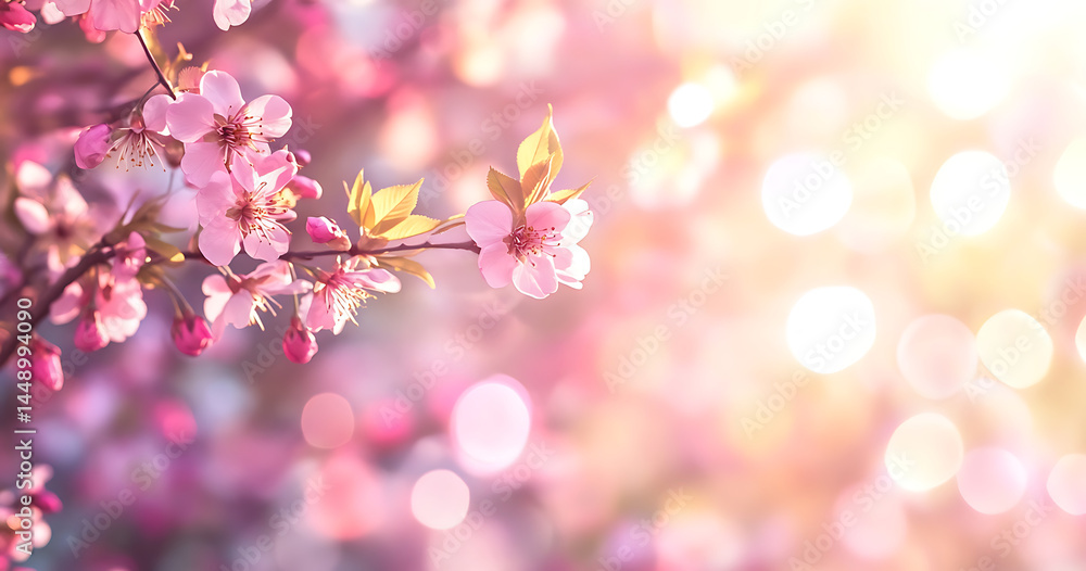 Poster blurred spring background with beautiful blossoming tree branches and sun rays.