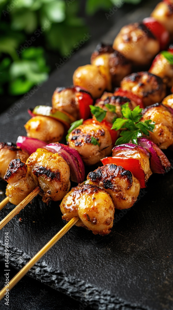 Poster a plate of skewers with vegetables and herbs on top. the skewers are on a black surface and are arra