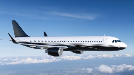 Obraz premium Elegant Jet Airplane Flying Above Clouds with Clear Blue Sky Background