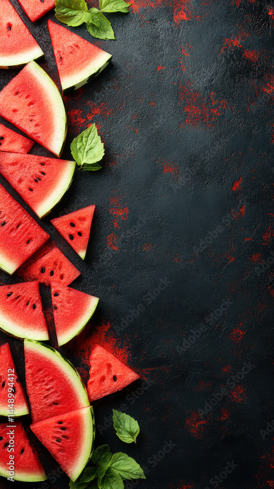 Poster a close up of watermelon slices on a black background. the slices are arranged in a way that they lo