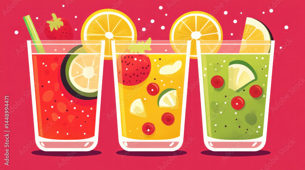 Aufkleber three glasses of fruit juice with a straw in each. the glasses are arranged in a row and are filled 