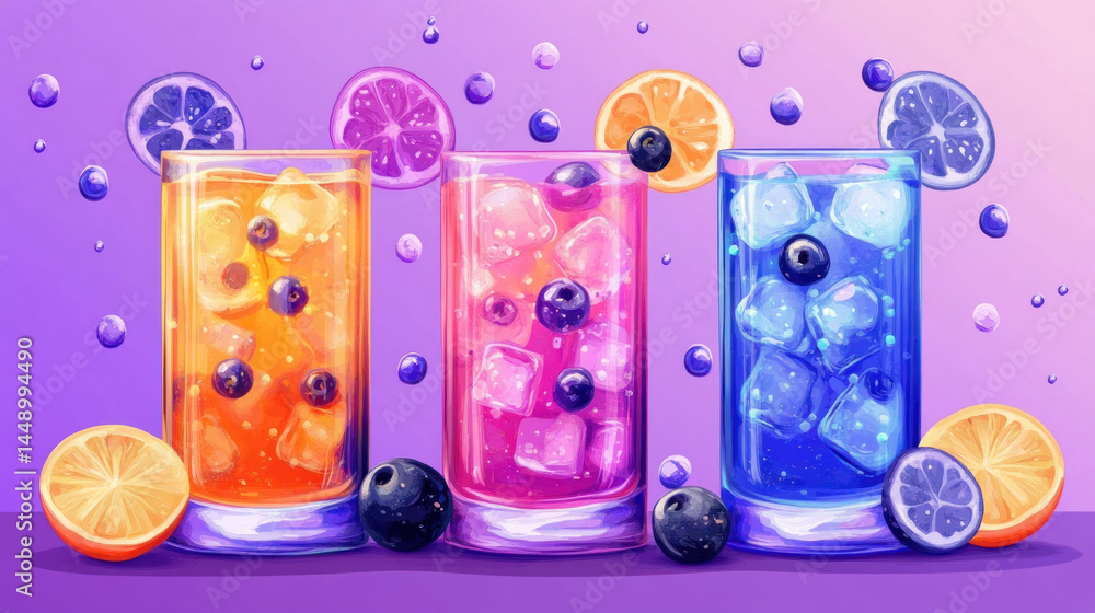 Aufkleber three colorful drinks with ice and fruit slices in glasses. the drinks are in a row and the fruit sl