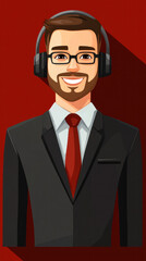 A man wearing a suit and tie with a red tie and headphones on his head. He is smiling and he is happy