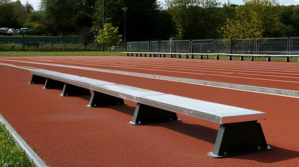 Metal track and field starting blocks on red running track.