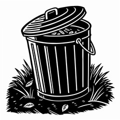 Black And White Garbage Can In Grass With Open Lid Vector