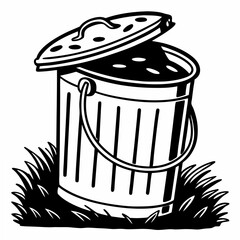 Vector Illustration Of Black And White Garbage Can On Grass