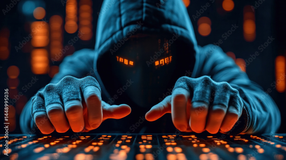 Aufkleber a man in a hoodie is typing on a keyboard with his hands on the keys. the image has a dark and moody