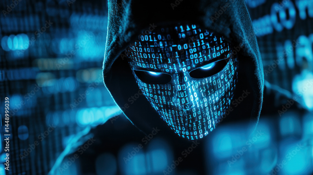 Poster a man with a blue mask on his face is looking at a computer screen. the blue mask is made up of bina
