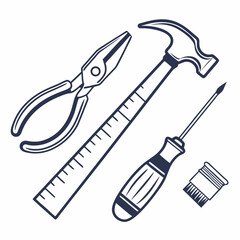 Essential Hand Tools Illustration Hammer Pliers Screwdriver And Brush Isolated