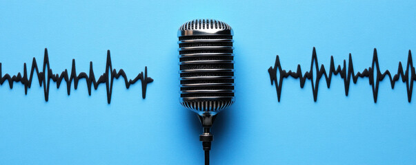 A microphone is placed on a blue background with a wave pattern. The microphone is surrounded by a series of black lines, which could represent sound waves. Concept of music or recording