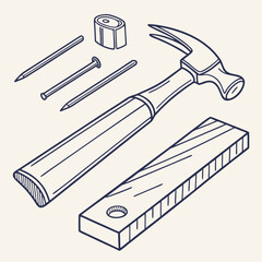 Hammer Nails And Wood Outline Illustration Construction Hand Tool Workshop Elements