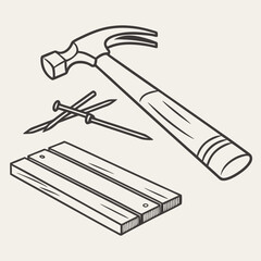 Line Art Illustration Of Hammer Nails And Wood Planks Tools