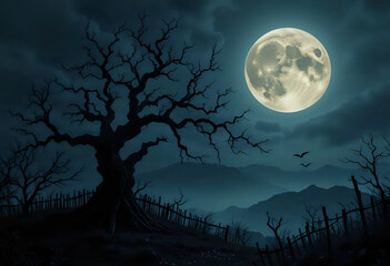 Spooky halloween background with silhouette dead tree at night full moon