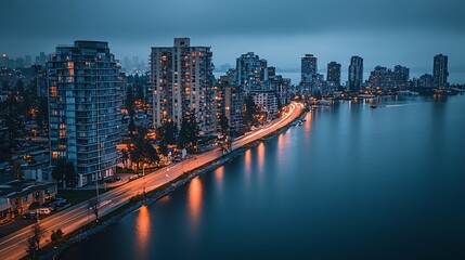 Fototapeta premium Twilight Cityscape: Coastal Metropolis at Dusk