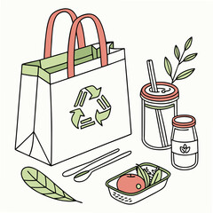 Eco Friendly Lifestyle Elements Including Reusable Bag And Glass Bottle