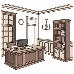 Classic Home Office Illustration Interior With Desk And Bookshelf Design