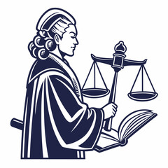 Judge Holding Scales Of Justice And Law Book In Simple Vector