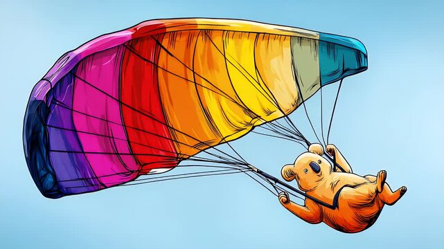 Koala flying with colorful parachute