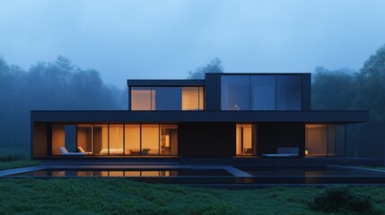 Fototapeta premium Modern architecture home exterior design in dusk with geometric pool and yard